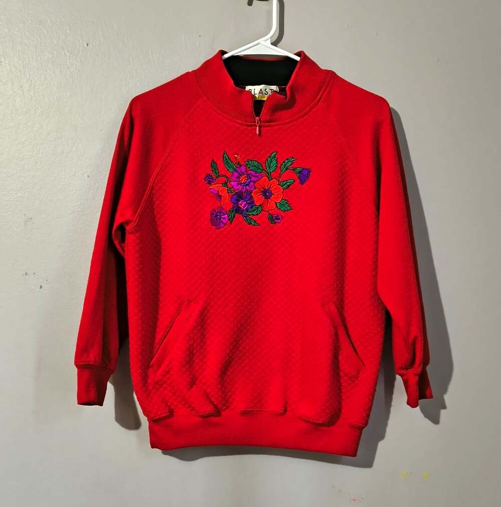 Blast Petites PS Red Quilted Mock Neck 1/4 Zip Pullover Sweatshirt vintage